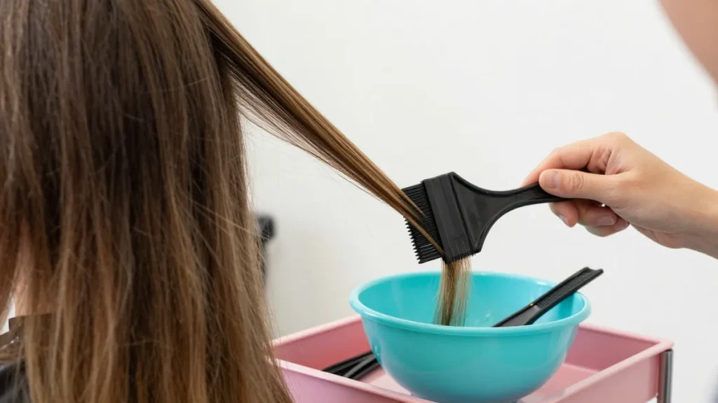 دست آرایشگر در حال رنگ‌کردن یک دسته نازک مو برای مدل هایلایت مو