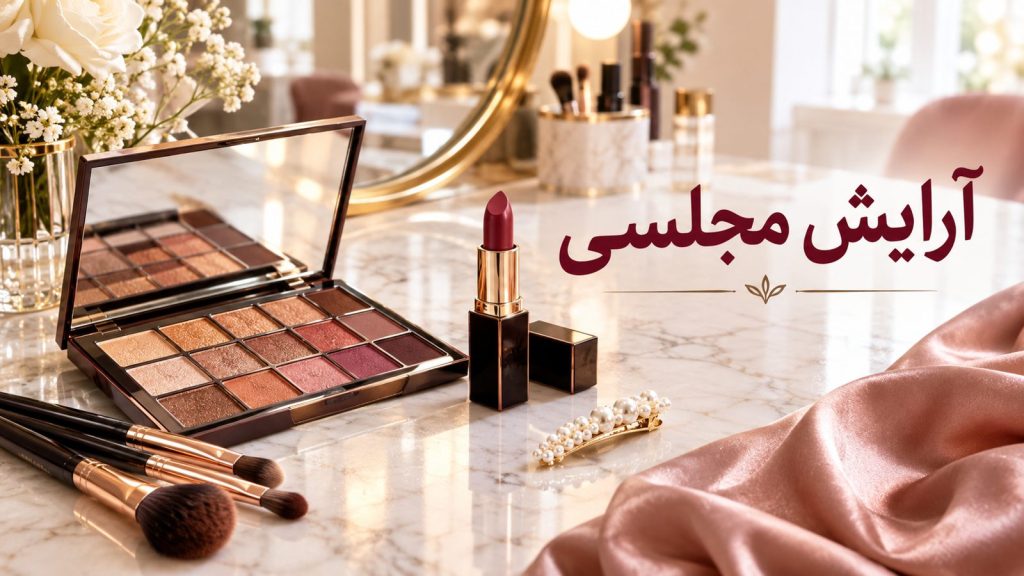 ابزار و پالت رنگ برای آرایش مجلسی روی میز آرایش سالن زیبایی