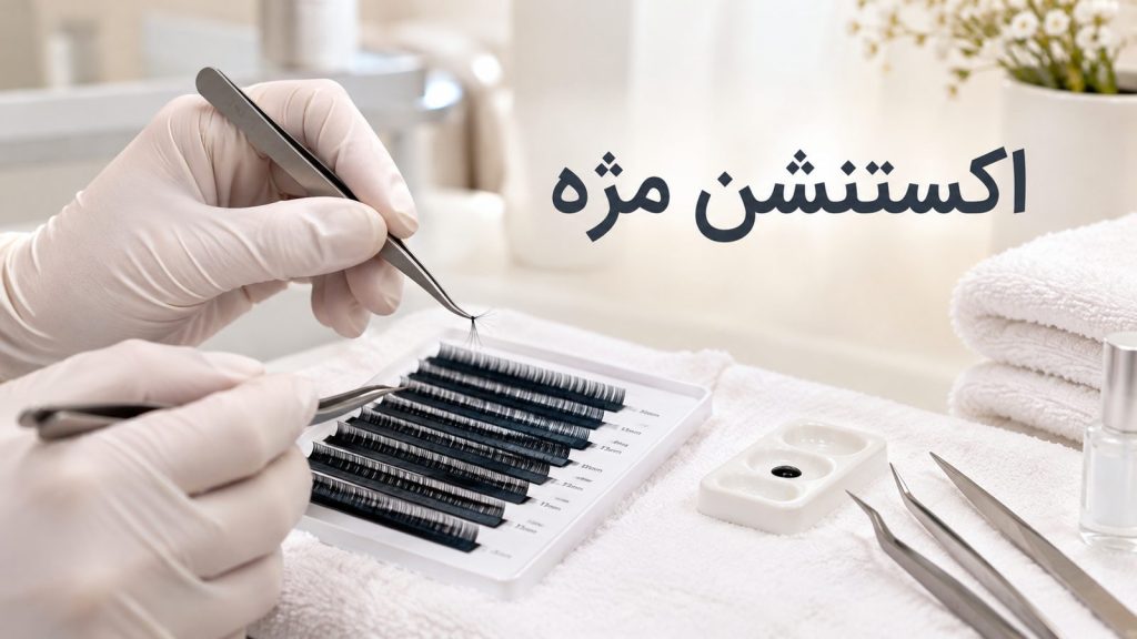دستِ مژه‌کار هنگام نصب اکستنشن مژه تار به تار با پنس در سالن
