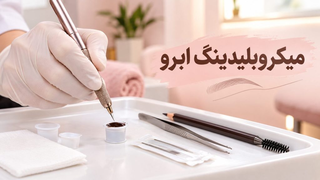 ابزار و رنگدانهٔ میکروبلیدینگ ابرو روی سینی تمیز در سالن زیبایی