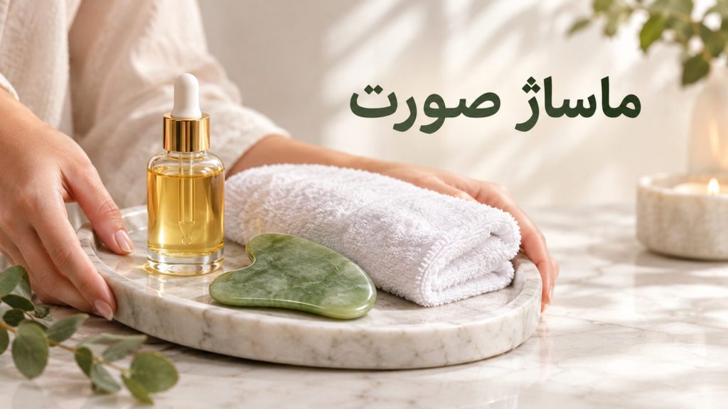 ابزار و روغن ماساژ صورت روی سینی در سالن زیبایی