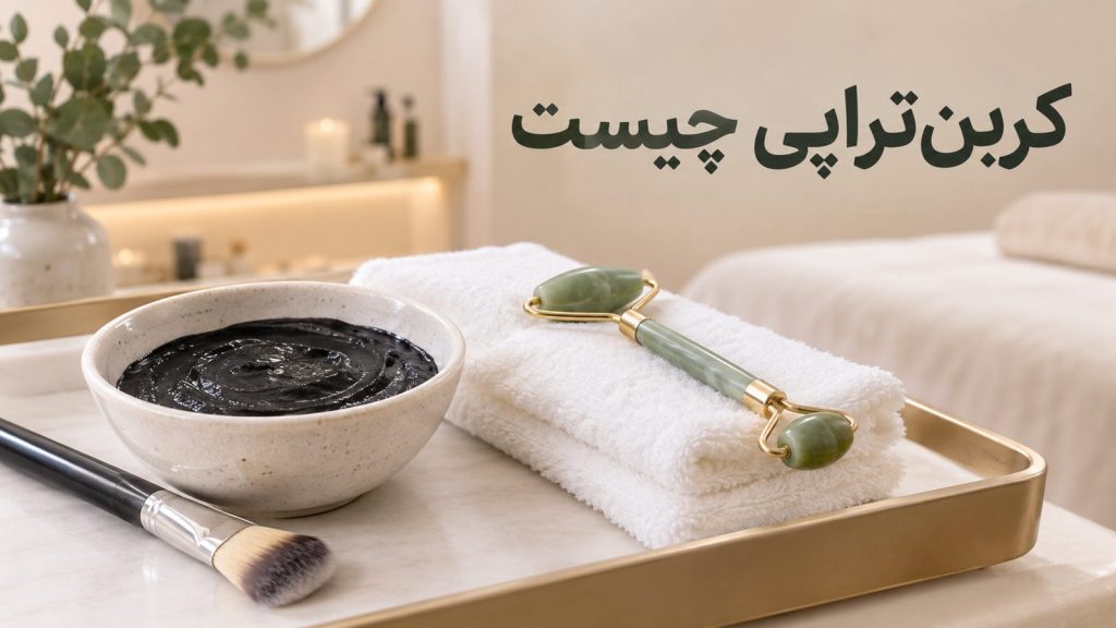 کربن‌تراپی چیست؟ لوسیون کربن و ابزار فیشیال روی سینی سالن زیبایی