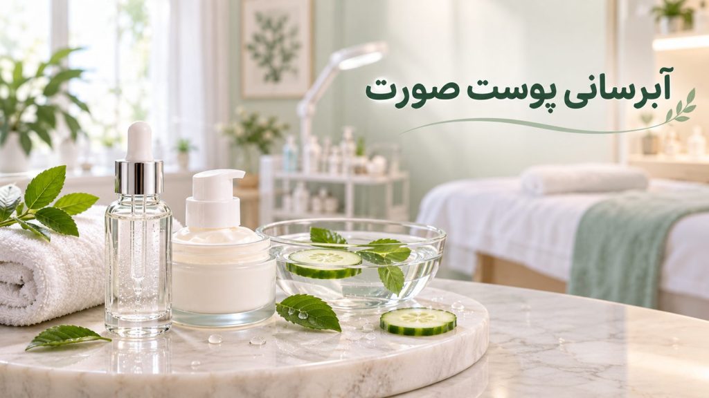 آبرسانی پوست صورت با سرم و کرم سبک روی سینی مرمری در سالن زیبایی