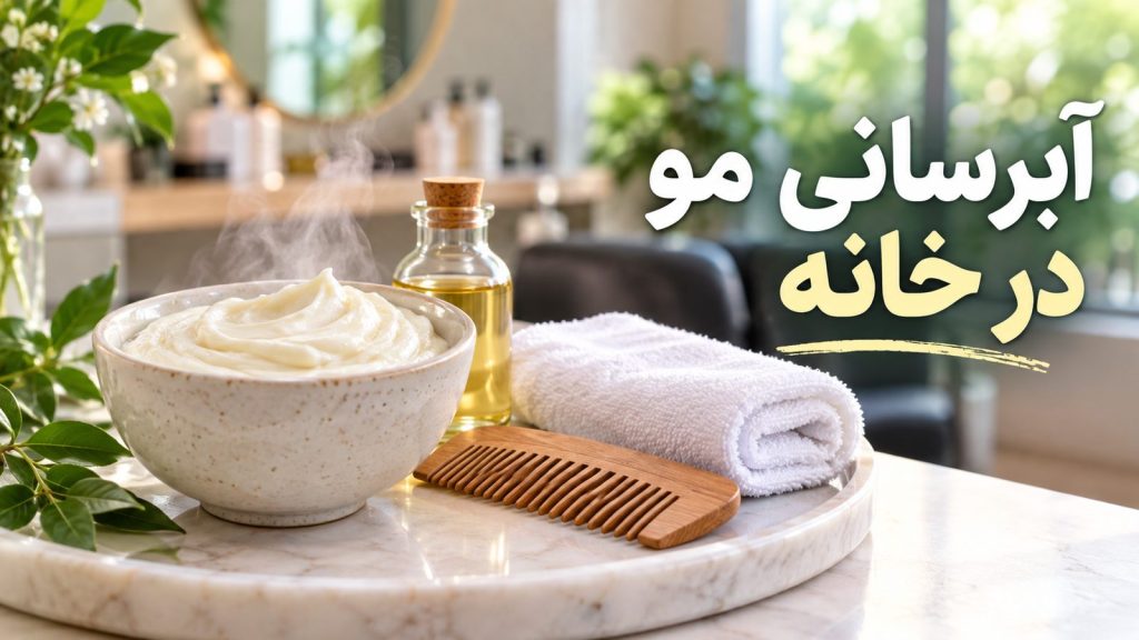 آبرسانی مو در خانه با ماسک، حوله و روغن سبک روی سینی