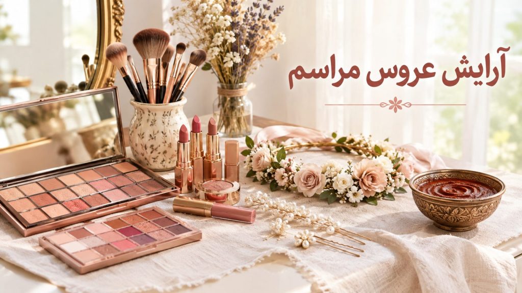 میز آرایش و جزئیات تزئینی برای آرایش عروس برای عقد محضری و حنابندان