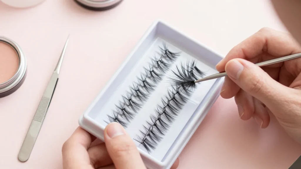 ردیف مژههای مختلف در یک سینی، نمایانگر عاملهای ساختن قیمت اکستنشن