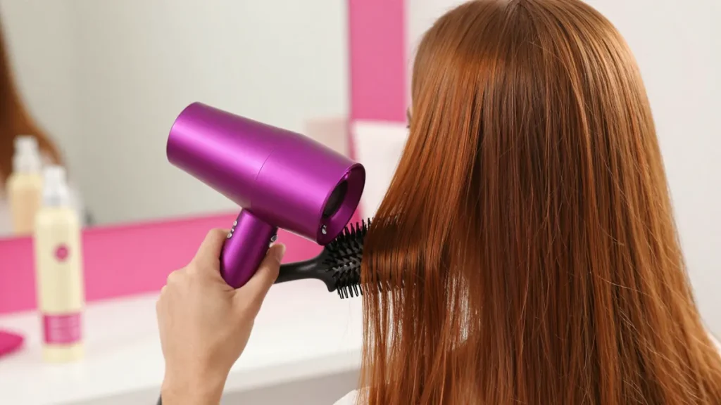 سشوار از فاصلهٔ مناسب روی موی رنگشده و محافظ حرارتی کنار دست
