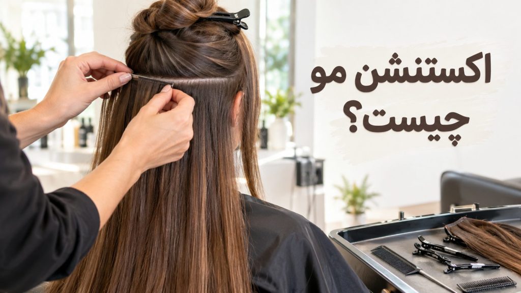 اکستنشن مو چیست؟ دست‌های متخصص هنگام نصب اکستنشن مو در سالن