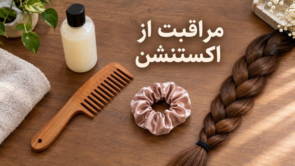 ماندگاری اکستنشن مو با بافت و ابزار مراقبت روی میز سالن