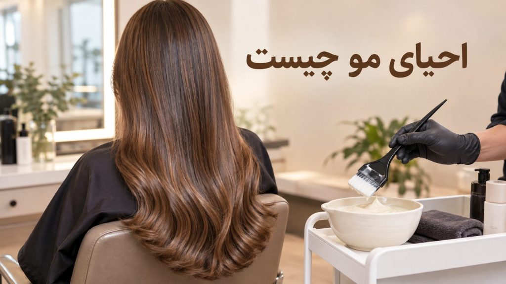 احیای مو چیست؛ آرایشگر در حال زدن ماسک ترمیمی روی موی بلند در سالن